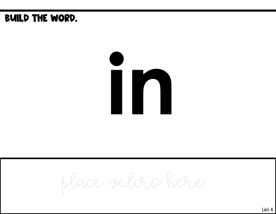 Word-building activity for 'in,' showing the model word and a 'place velcro here' instruction for assembly