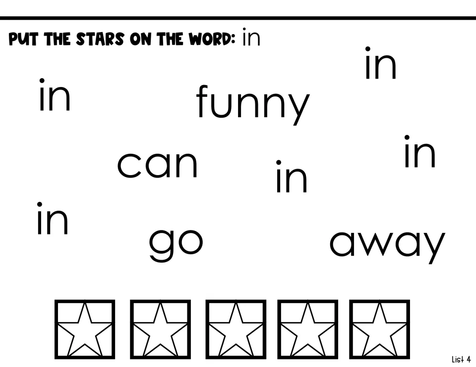 Sight-word identification activity: place five stars on 'in' among the words funny, can, go, and away