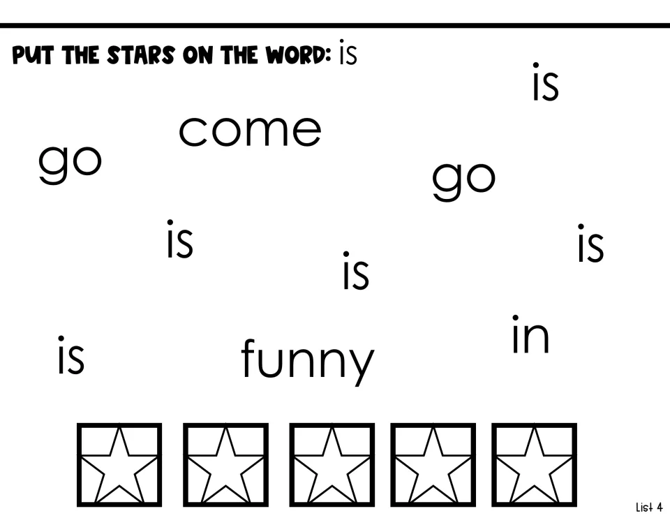 Sight-word identification activity: place five stars on 'is' among the words come, go, funny, and in