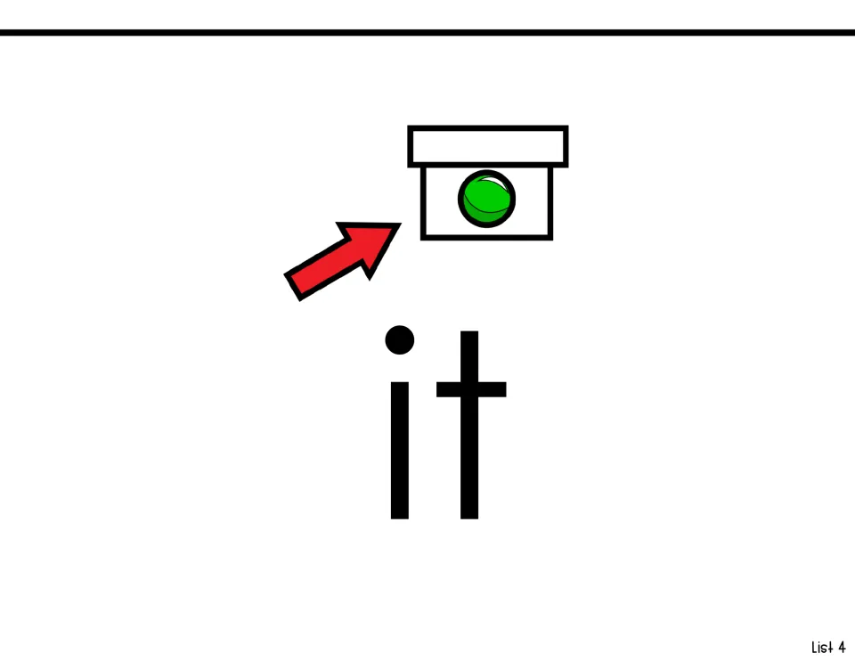 Sight-word reading page for 'it,' pairing the printed word with an arrow pointing toward a pictured object
