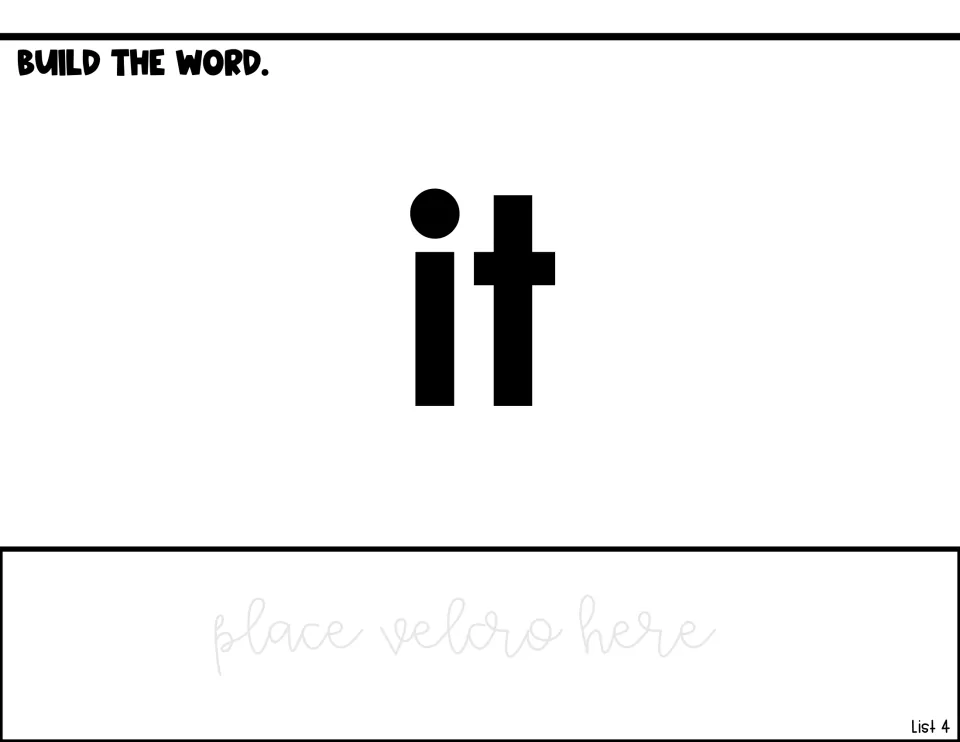 Word-building activity for 'it,' showing the model word and a 'place velcro here' instruction for assembly