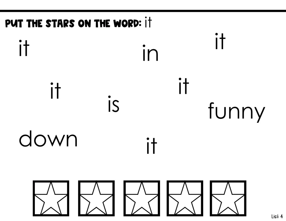 Sight-word identification activity: place five stars on 'it' among the words in, is, funny, and down