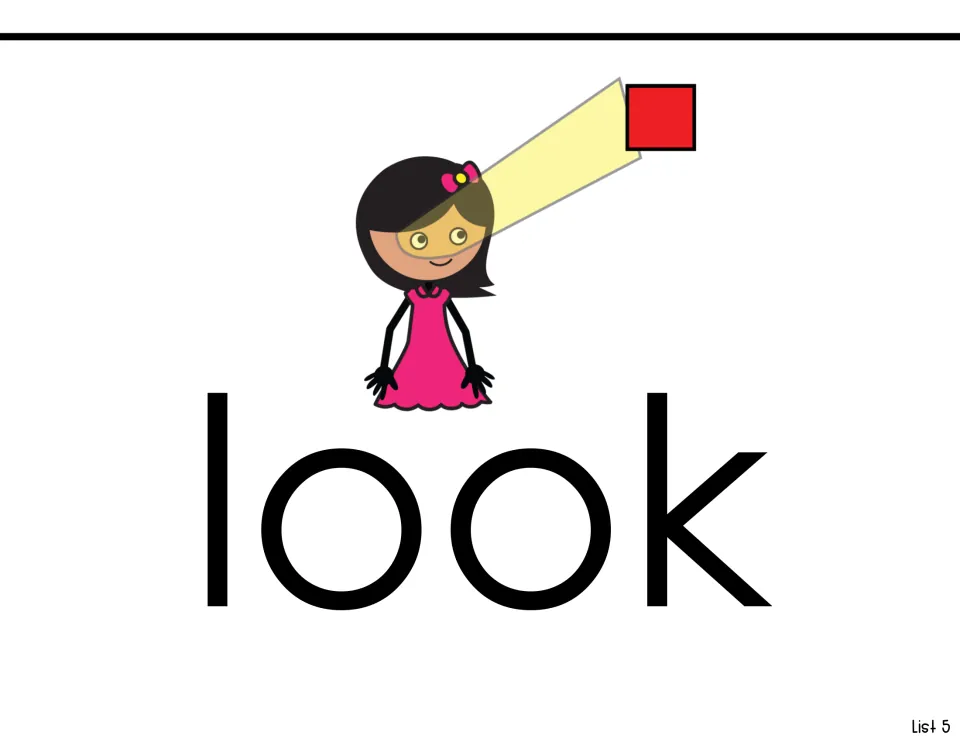 Sight word introduction for 'look': the word in large print under a picture of a girl looking at a red square