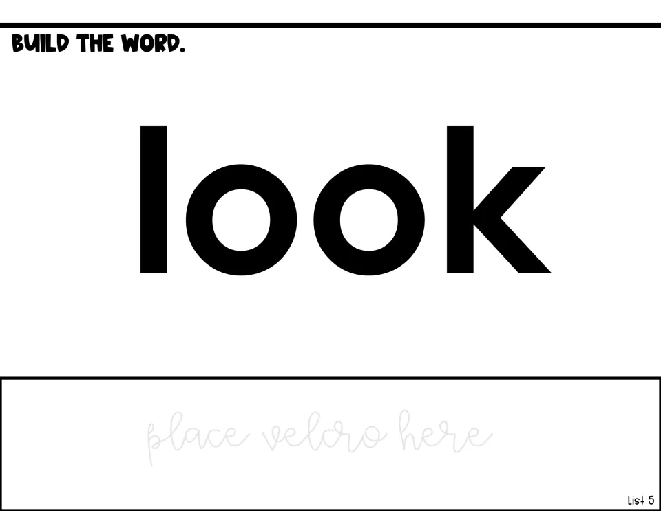 Build the word 'look': students match letter pieces to the bold word and attach them on the Velcro strip below it