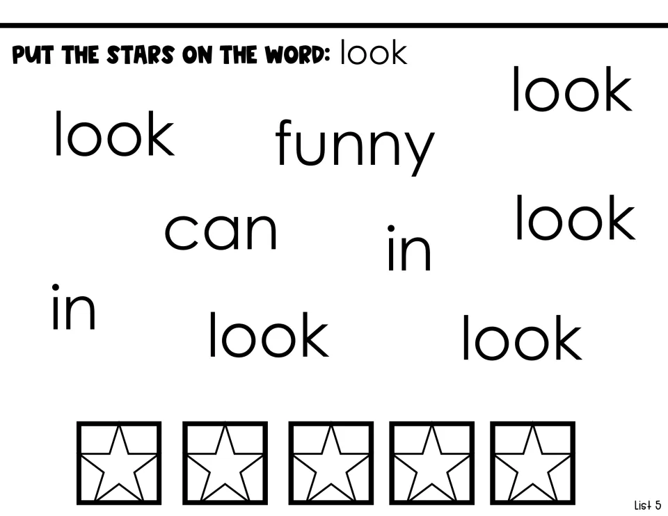 Word discrimination for 'look': students find the 5 copies of 'look' among funny, can and in and place a star on each