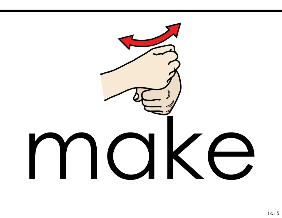 Sight word introduction for 'make': the word in large print under a picture of two fists twisting together