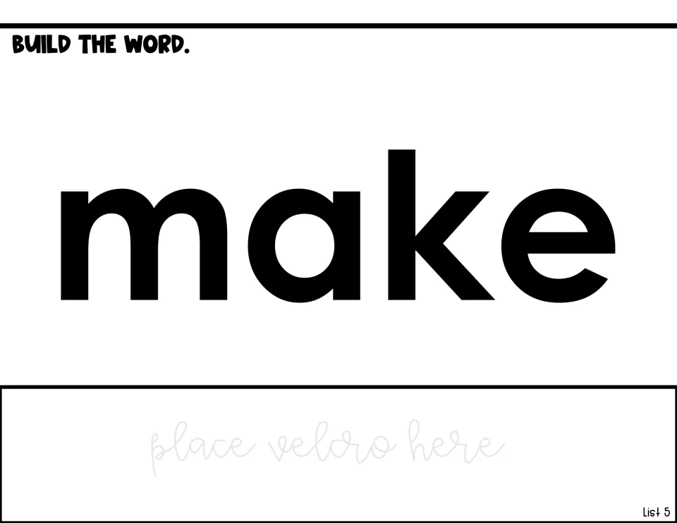 Build the word 'make': students match letter pieces to the bold word and fasten them on the Velcro strip underneath