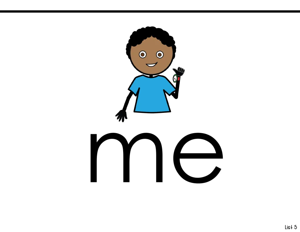 Sight word introduction for 'me': the word in large print under a picture of a boy pointing to himself