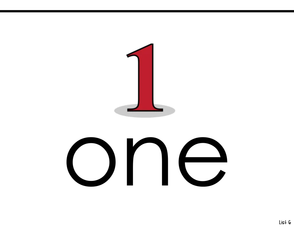 Sight-word reading page for 'one' pairs the printed word with the numeral 1 in the List 6 workbook