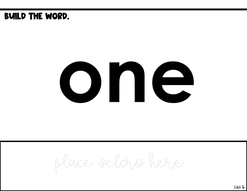 Word-building activity for 'one' shows the target word and a 'place velcro here' note for assembly