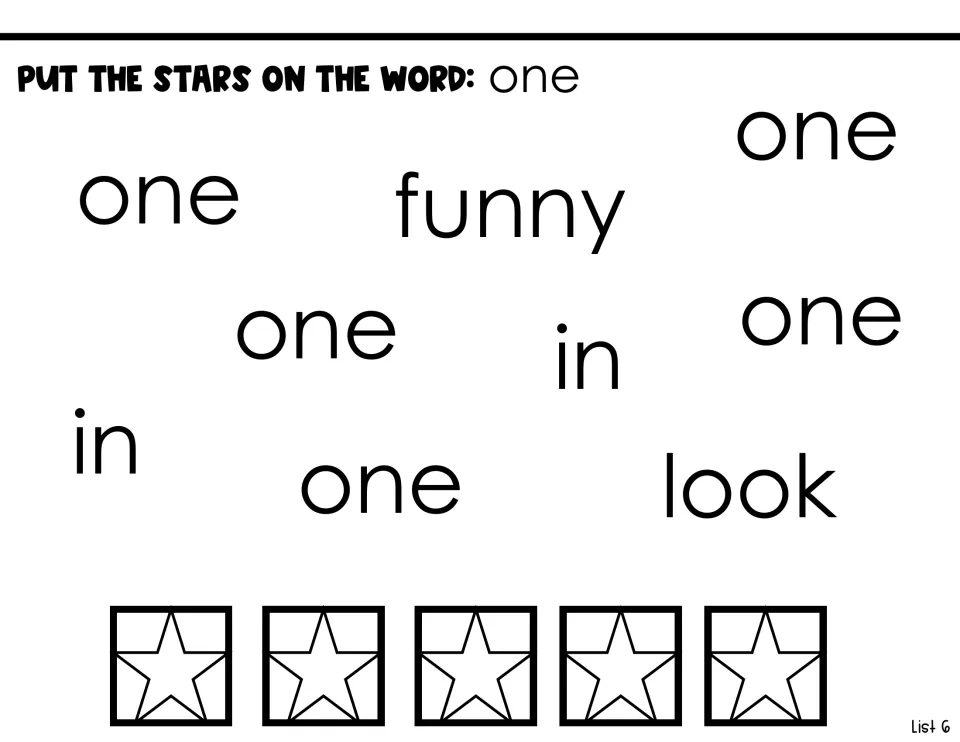 Sight-word identification activity asks students to put stars on five copies of 'one' among other words