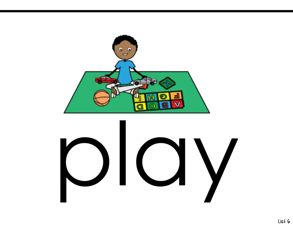 Sight-word reading page for 'play' pairs the printed word with an illustration of a child playing with toys