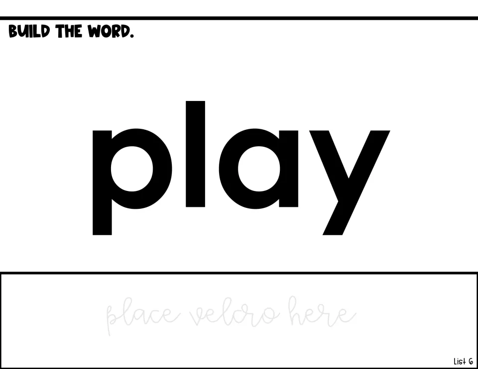 Word-building activity for 'play' shows the target word and a 'place velcro here' note for assembly