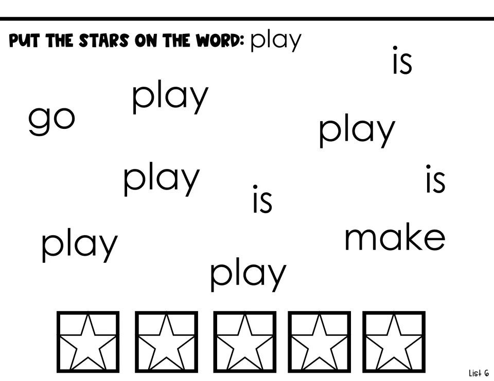 Sight-word identification activity asks students to put stars on five copies of 'play' among other words