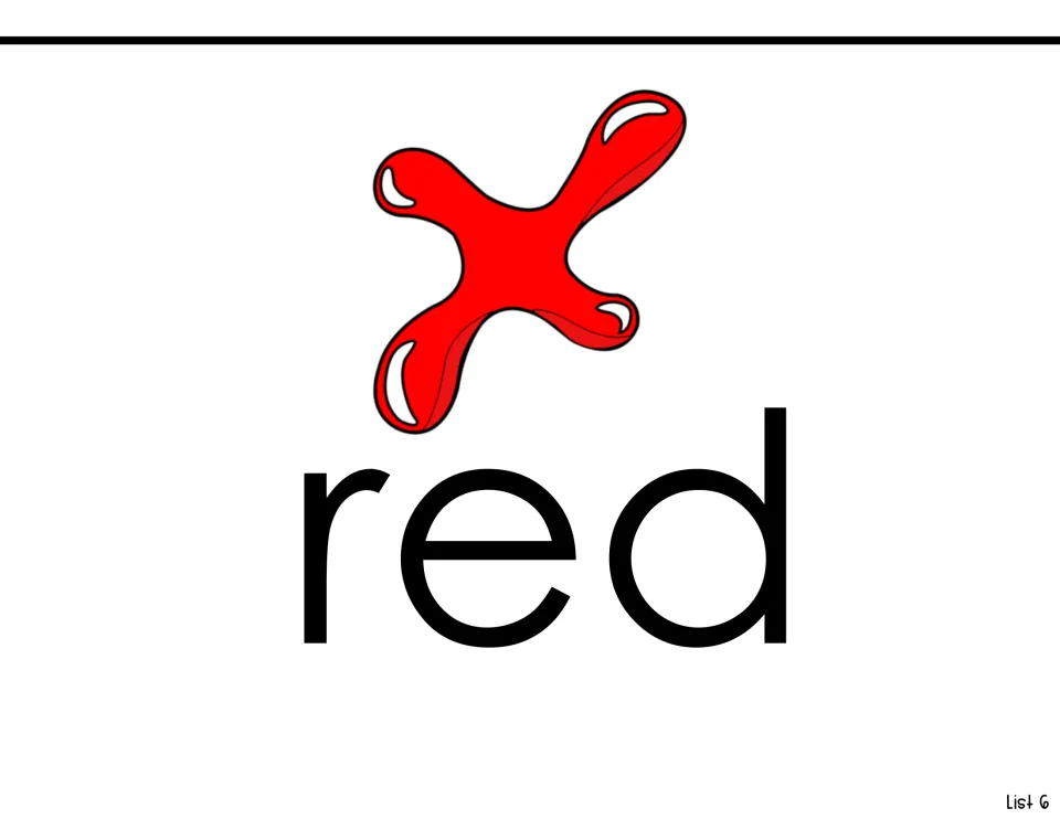 Sight-word reading page for 'red' pairs the printed color word with a red splash in the List 6 workbook