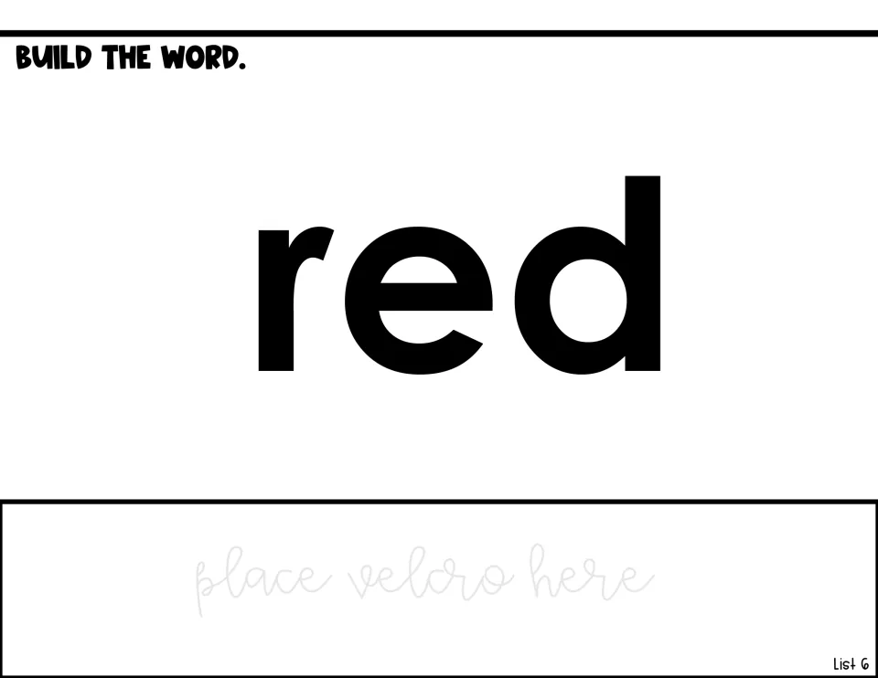 Word-building activity for 'red' shows the target word and a 'place velcro here' note for assembly
