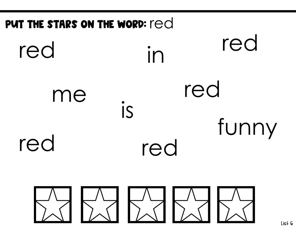 Sight-word identification activity asks students to put stars on five copies of 'red' among other words