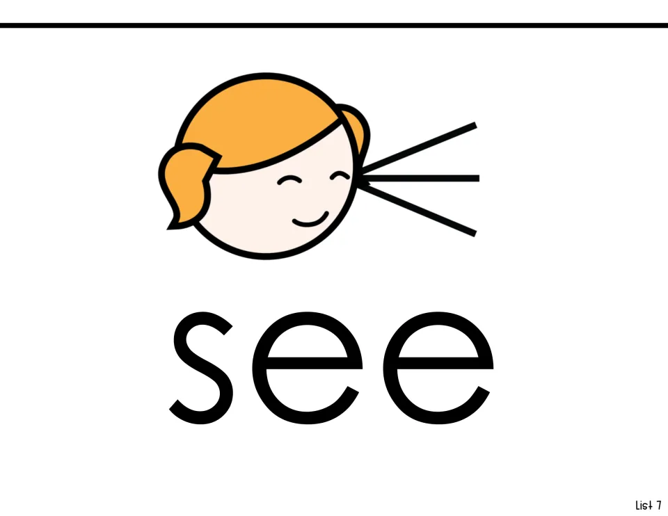 Sight-word reading page for 'see,' pairing the printed word with a face and rays extending from an eye
