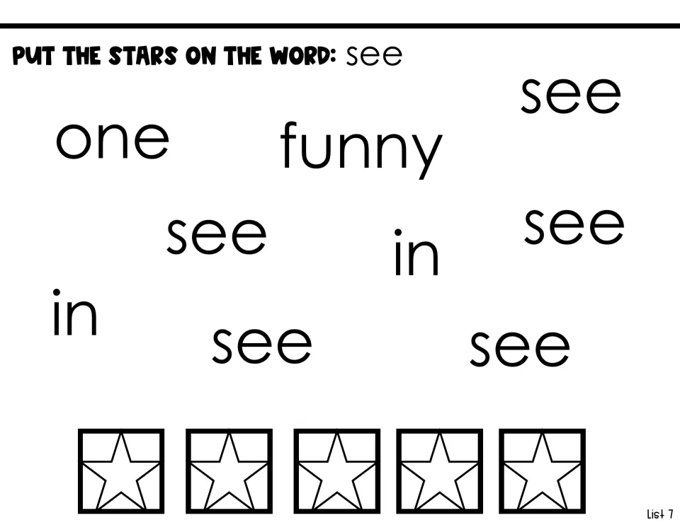 Sight-word identification activity: place five stars on 'see' among the words 'one,' 'funny,' and 'in'