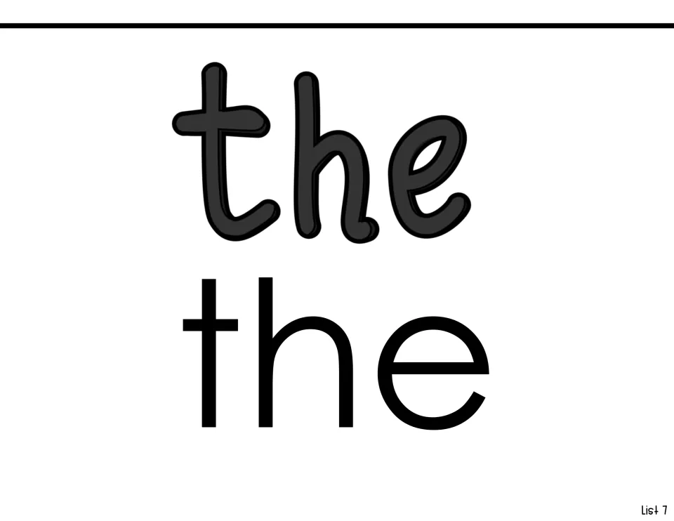 Sight-word reading page for 'the,' showing the word twice in different lettering styles for List 7