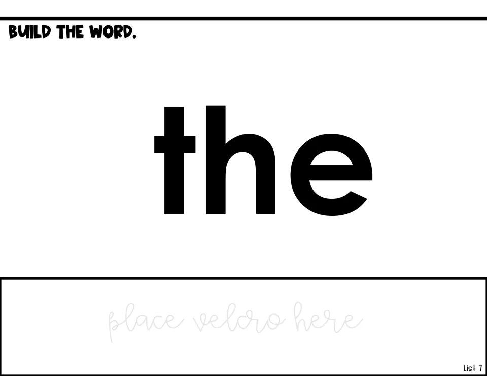 Word-building activity for 'the,' showing the model word and a 'place velcro here' preparation note