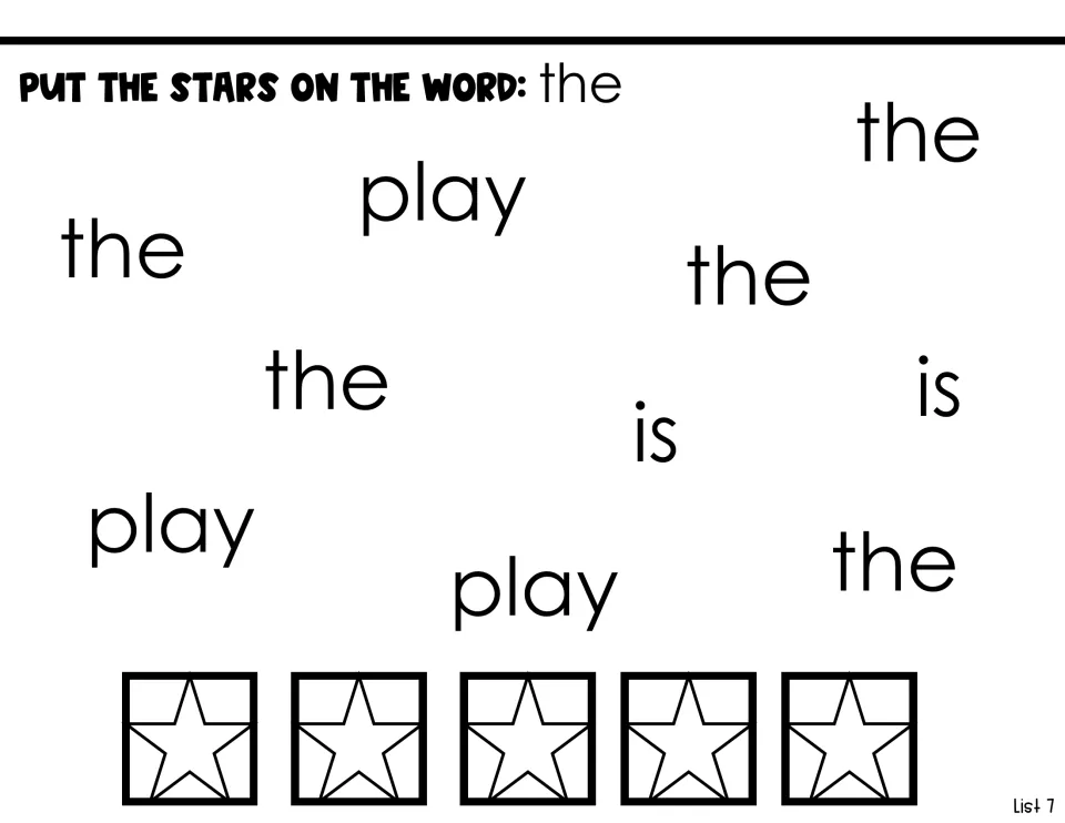 Sight-word identification activity: place five stars on 'the' among repeated instances of 'play' and 'is'
