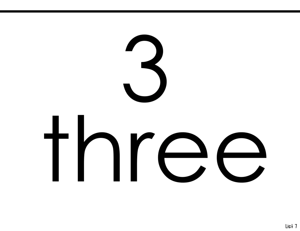 Sight-word reading page for 'three,' pairing the numeral 3 with the spelled-out number word for List 7