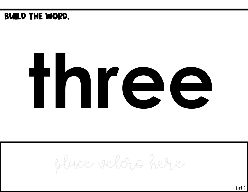 Word-building activity for 'three,' showing the model word and a 'place velcro here' preparation note
