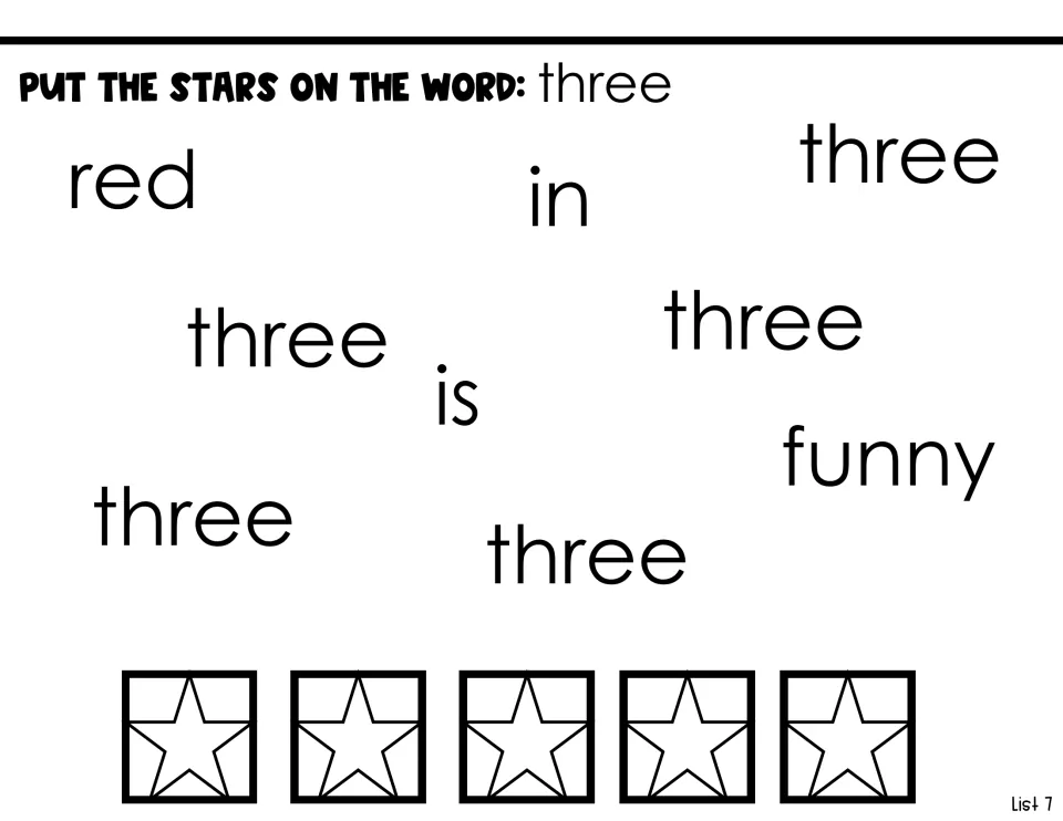 Sight-word identification activity: place five stars on 'three' among 'red,' 'in,' 'is,' and 'funny'