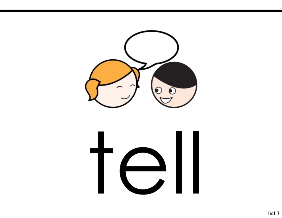 Sight word reading page for tell, showing the word beneath two children and a speech bubble as a visual cue