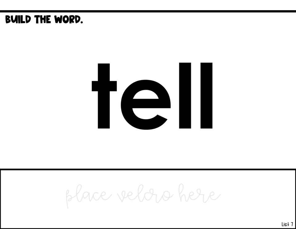 Word-building page for tell, with the model word, the direction Build the Word, and a place to attach Velcro