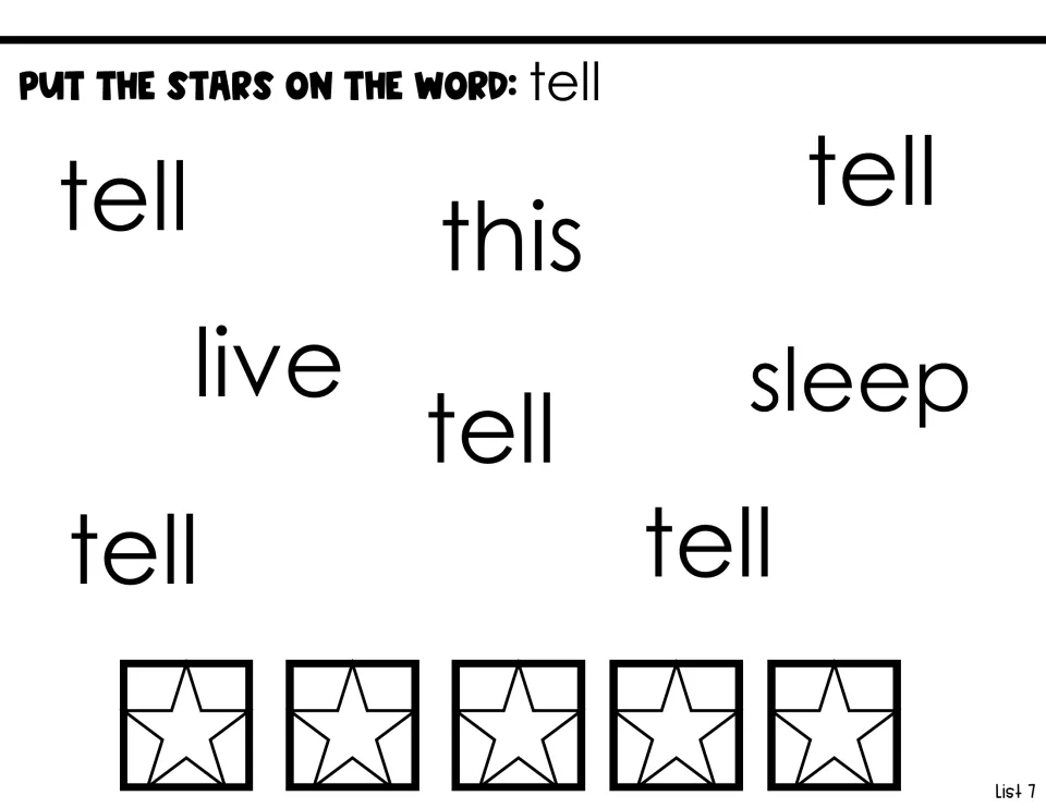 Sight word identification page asking students to put stars on five instances of tell among this, live, and sleep