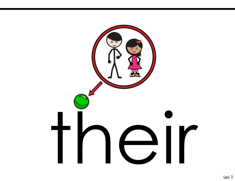 Sight word reading page for their, showing the word beneath two children with an arrow pointing to a ball