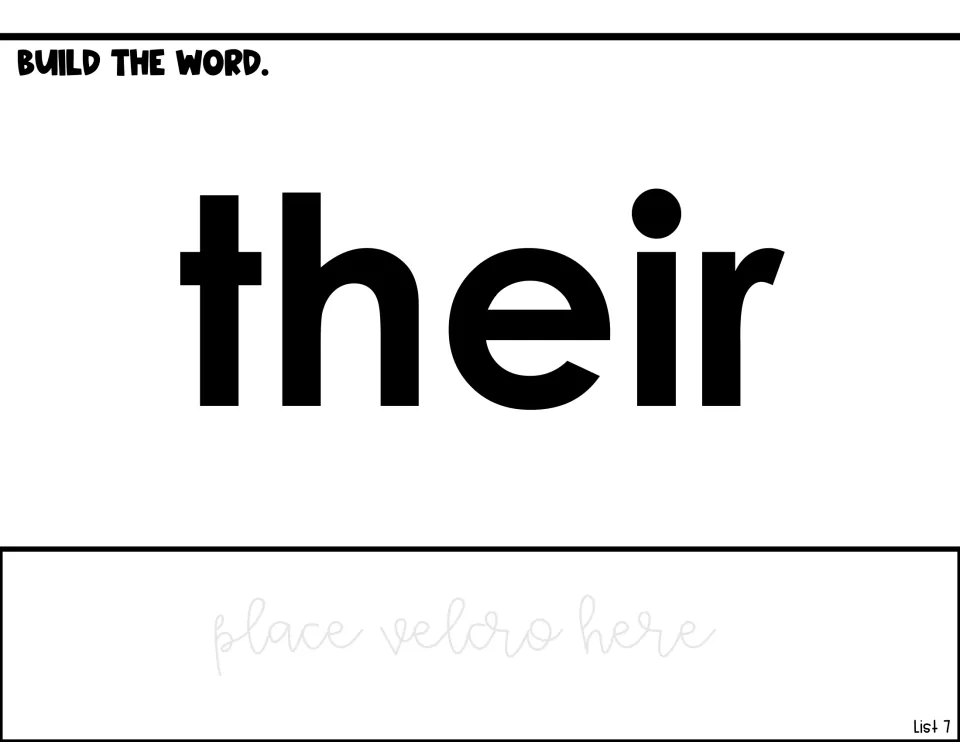 Word-building page for their, with the model word, the direction Build the Word, and a place to attach Velcro