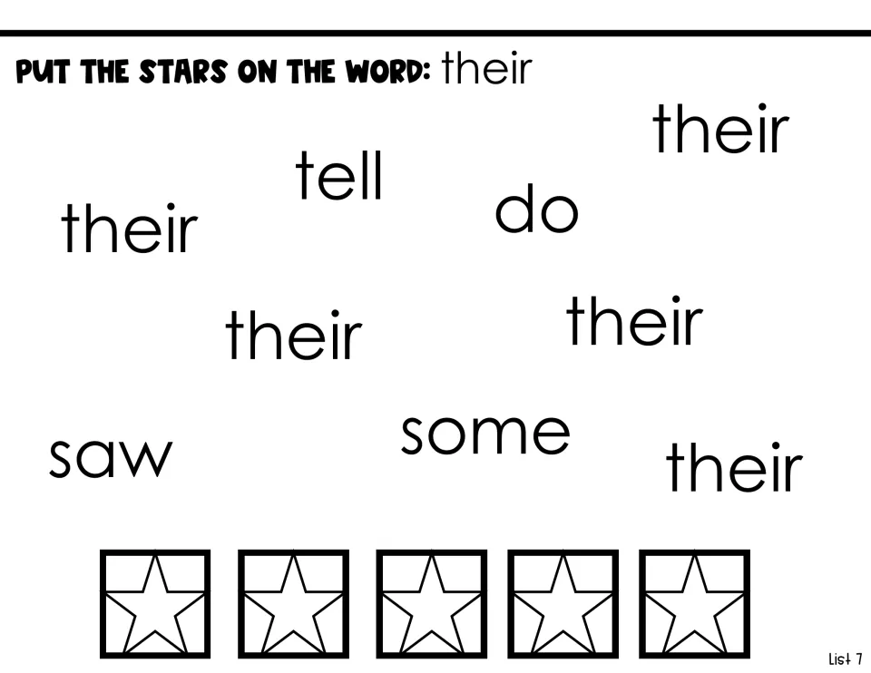 Sight word identification page asking students to put stars on five instances of their among tell, do, saw, and some