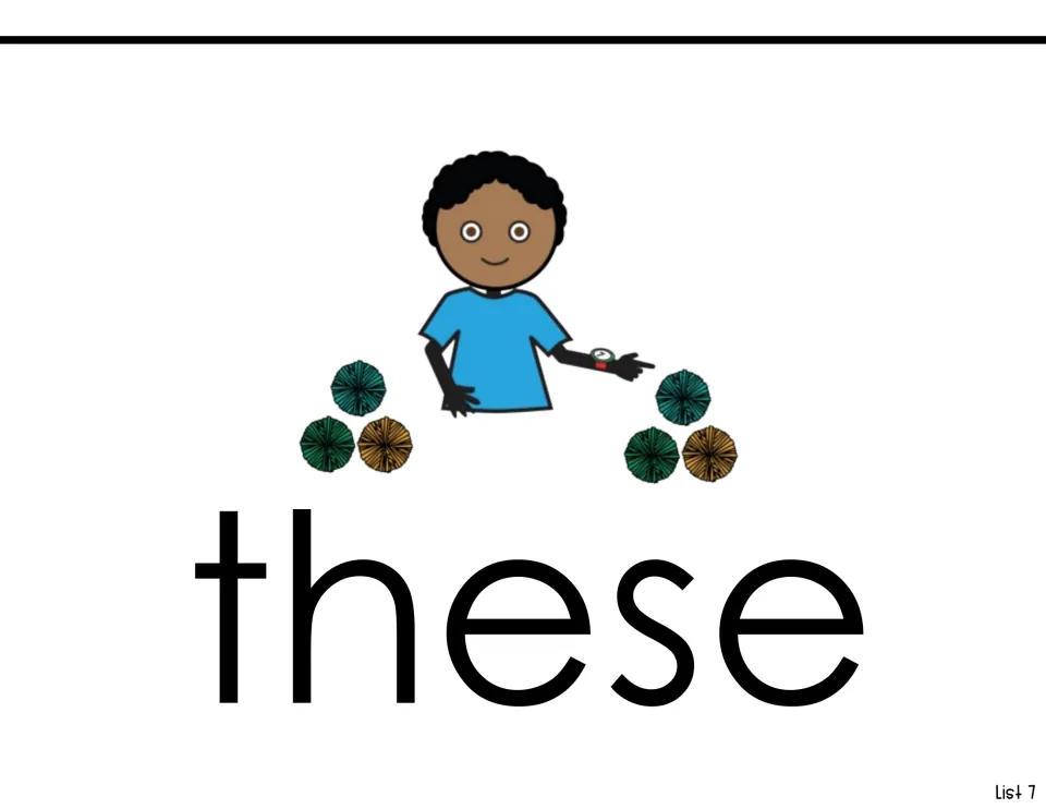 Sight word reading page for these, showing the word beneath a child gesturing toward groups of objects