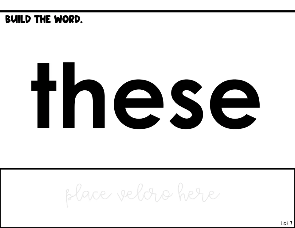 Word-building page for these, with the model word, the direction Build the Word, and a place to attach Velcro