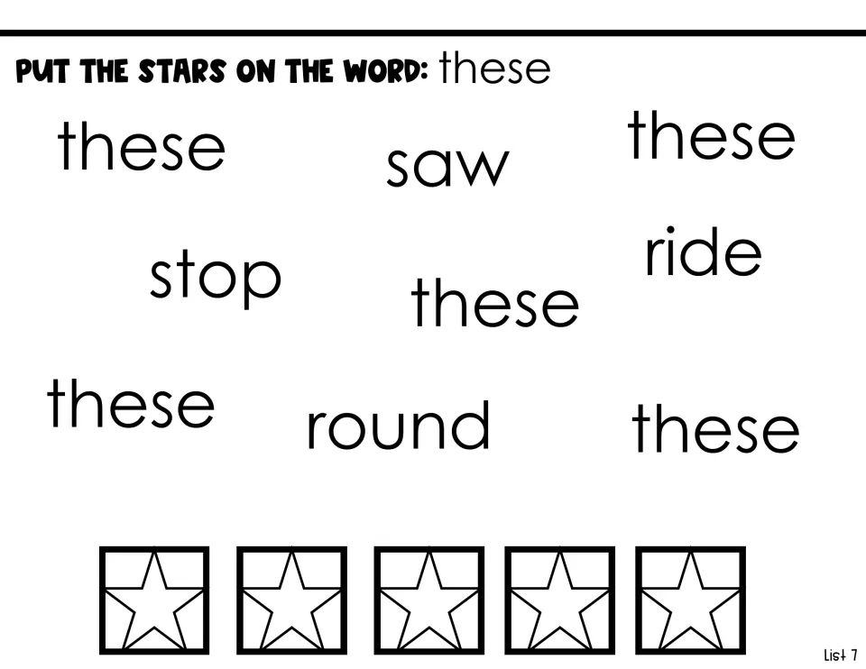 Sight word identification page asking students to put stars on five instances of these among saw, stop, ride, and round