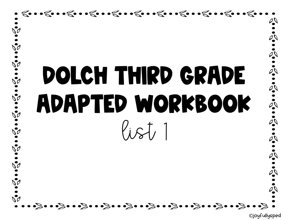 Cover of the Dolch Third Grade Adapted Workbook, labeled List 1, introducing the sight-word practice resource