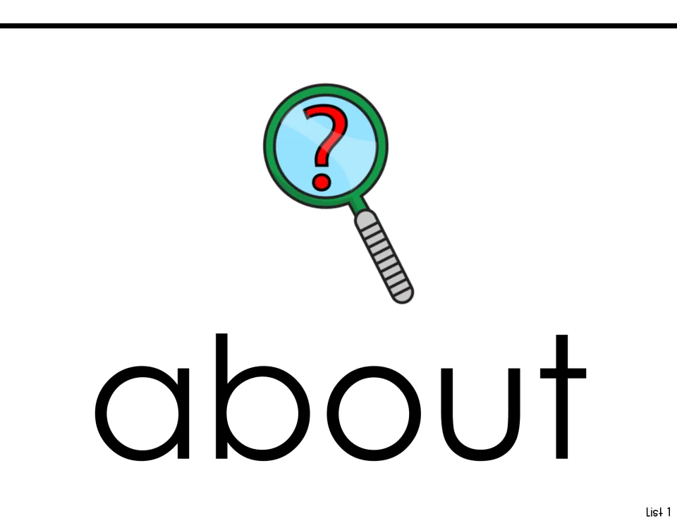 Sight-word reading page for 'about' in List 1, pairing the printed word with a question-mark magnifying glass