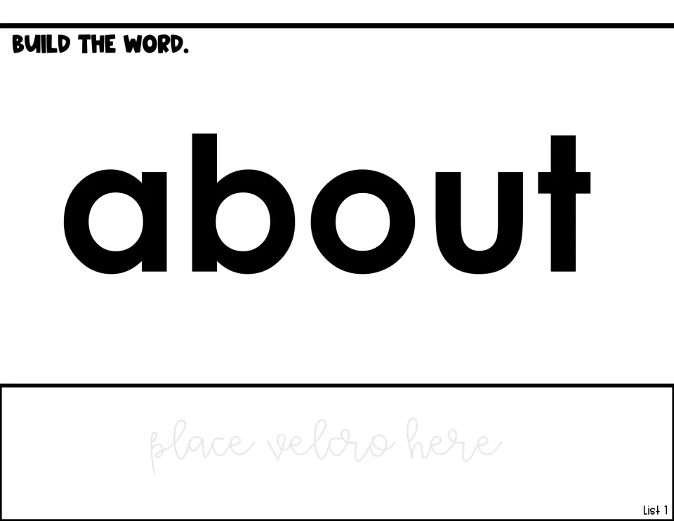 Word-building activity for 'about' in List 1, showing the model word and a prompt to place Velcro below