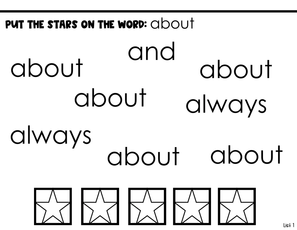 Word-identification activity for 'about': place five stars on 'about' among the words 'and' and 'always'