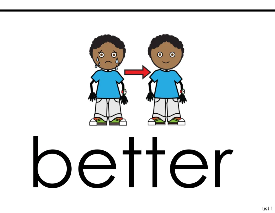 Sight-word reading page for 'better' in List 1, illustrated by a crying child becoming a smiling child