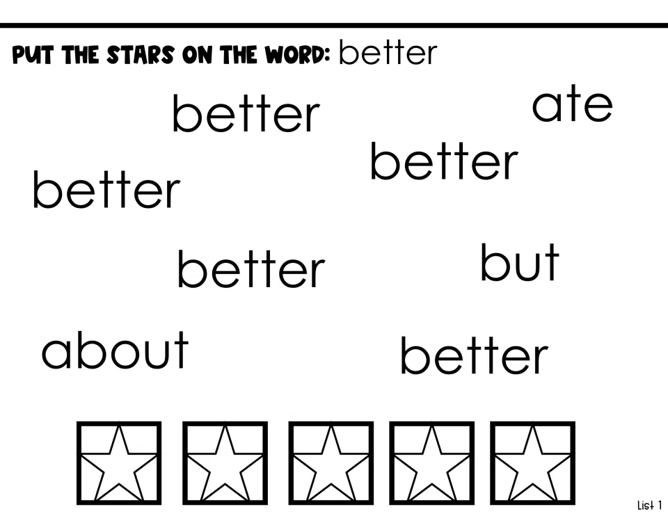 Word-identification activity for 'better': place five stars on 'better' among 'ate,' 'but,' and 'about'