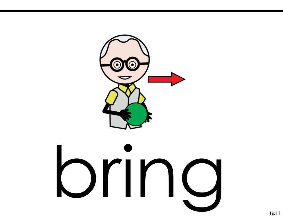 Sight-word reading page for 'bring' in List 1, showing a person holding a ball beside a right-pointing arrow