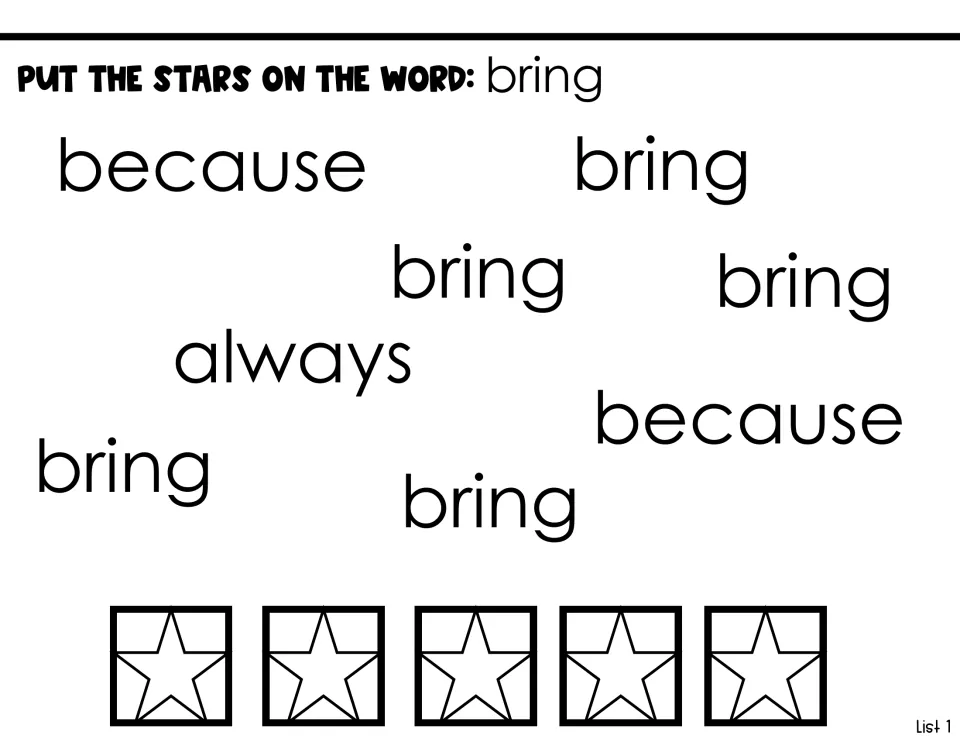Word-identification activity for 'bring': place five stars on 'bring' among the words 'because' and 'always'