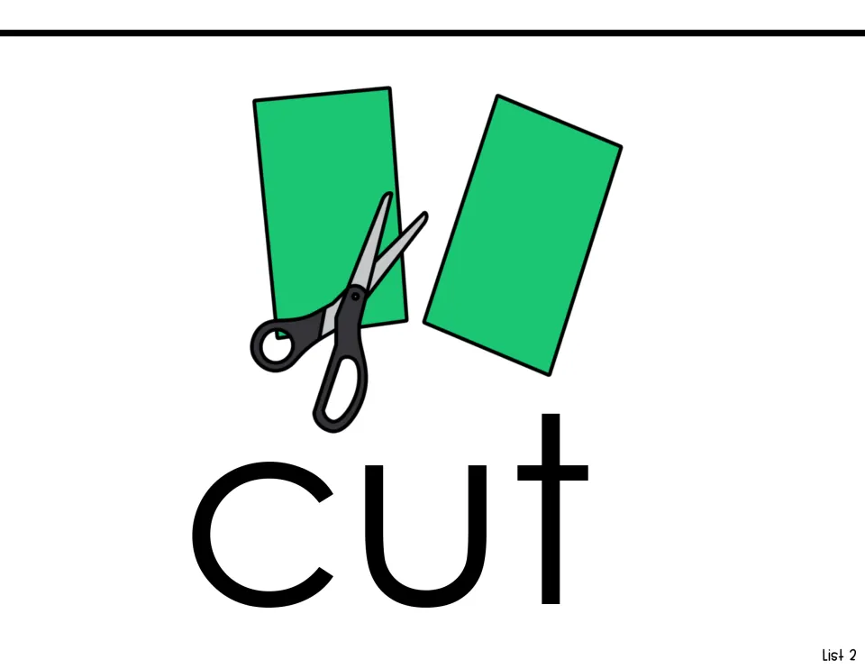 Sight-word introduction for cut, showing the printed word and scissors cutting green paper for List 2 practice