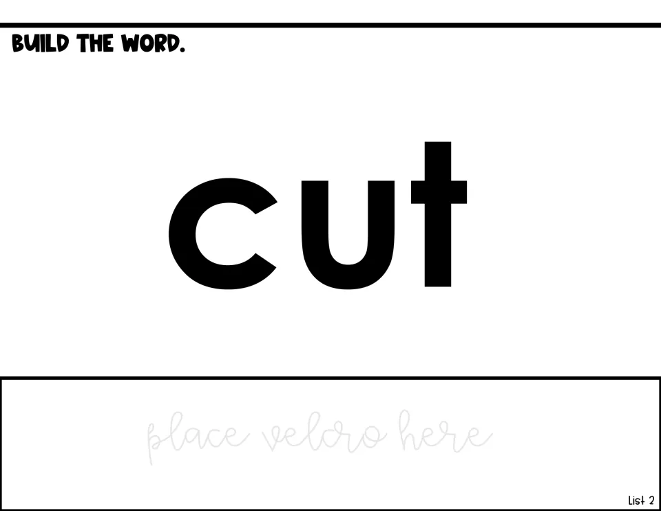 Word-building activity for cut, showing the word model and a direction to place Velcro for adapted practice