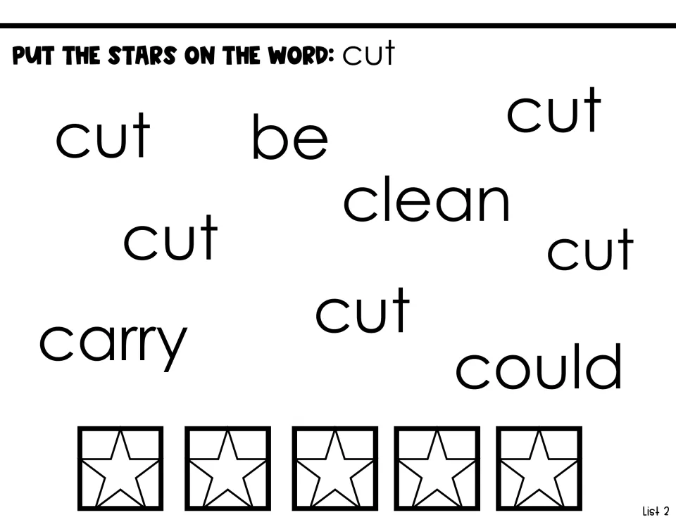 Word-identification activity for cut: place five stars on cut among the words be, clean, carry, and could