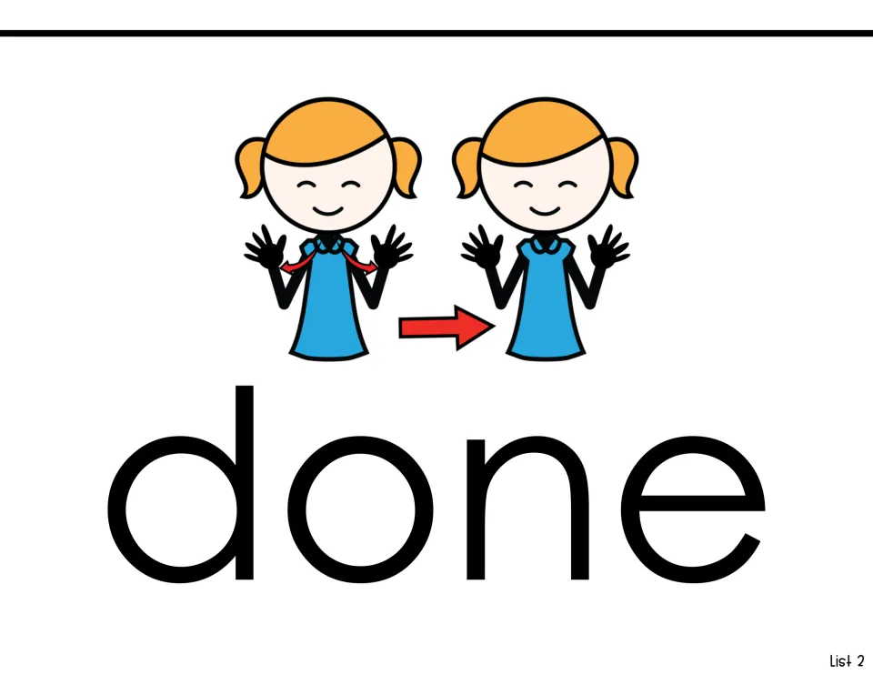 Sight-word introduction for done, pairing the printed word with two illustrations of a child's hand gesture